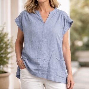 Splendid Linen Blend Light Blue V-neck High-Low Hem Casual Beachy Blouse Top